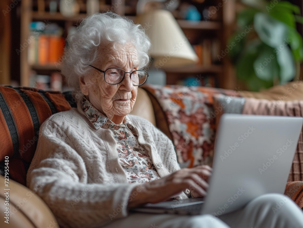 an elderly woman working on a laptop (online meeting, getting an education) an elderly woman working on a laptop (online meeting, getting an education)