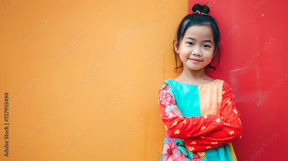 a cute, happy little girl standing against a colourful wall. a cute, happy little girl standing against a colourful wall.