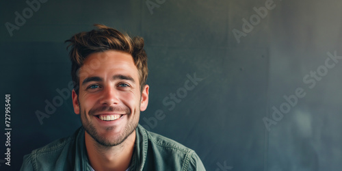 Young Caucasian man with a bright smile and stylish hair, against a textured grey backdrop photo