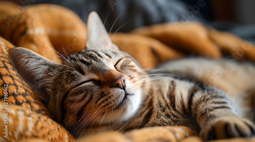 A serene tabby cat sleeps soundly on a cozy orange blanket. 