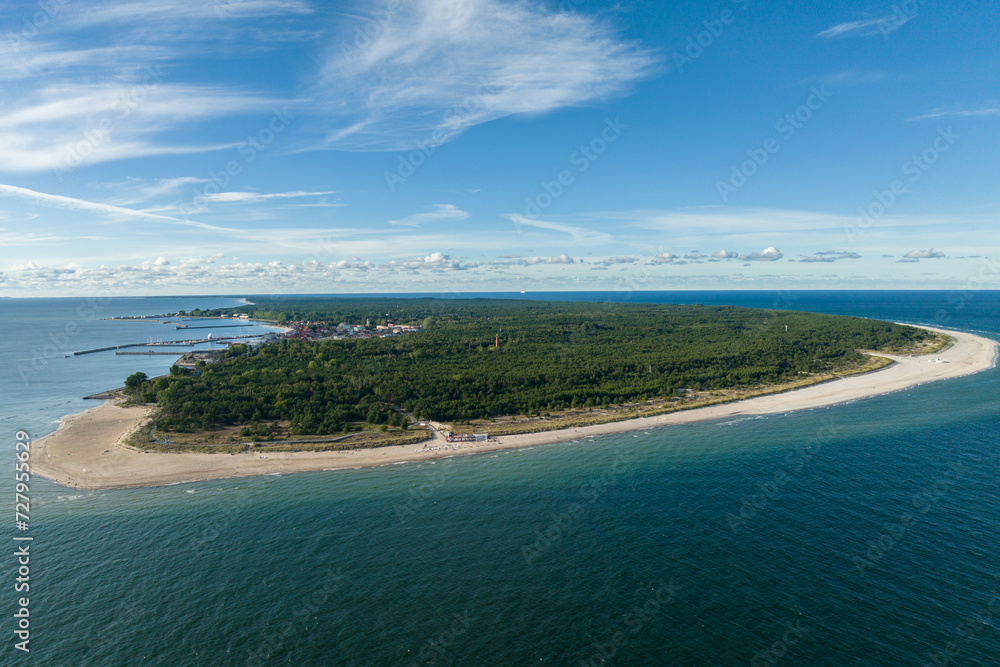 Hel city. Aerial view of Hel Peninsula in Poland, Baltic Sea and Puck Bay (Zatoka Pucka) Photo made by drone from above. End of poland hel peninsula. Hel beach in Poland
