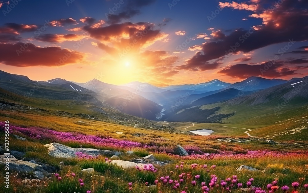 Sunset in the mountain valley. Beautiful natural landscape