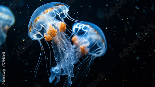 View of jellyfish in ocean dark black background © Banu