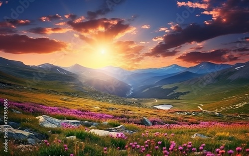 Sunset in the mountain valley. Beautiful natural landscape © Stormstudio