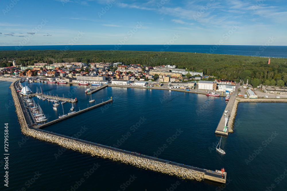 Port hel peniinsula in Poland.. Aerial view of Hel Peninsula in Poland, Baltic Sea and Puck Bay . Hel city .Photo made by drone from above. Hel seaport