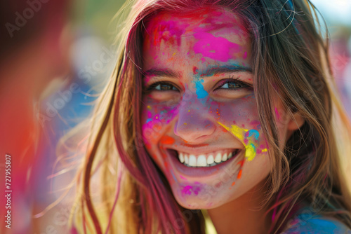 Close up Happy tourist woman on holi holiday in india on the street wearing colored powder