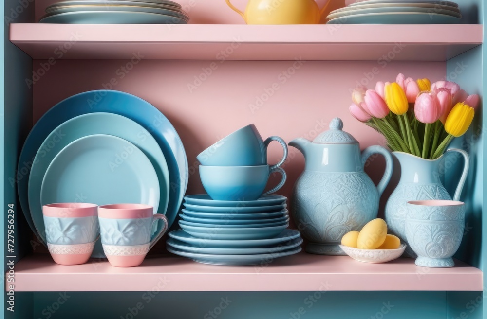 Kitchen shelves in pastel blue and pink with Easter decorations and a bouquet of tulips