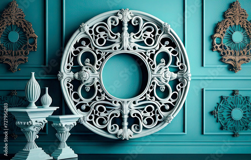 Luxurious Teal Living Room with Ornate Plaster Frame and Topiary