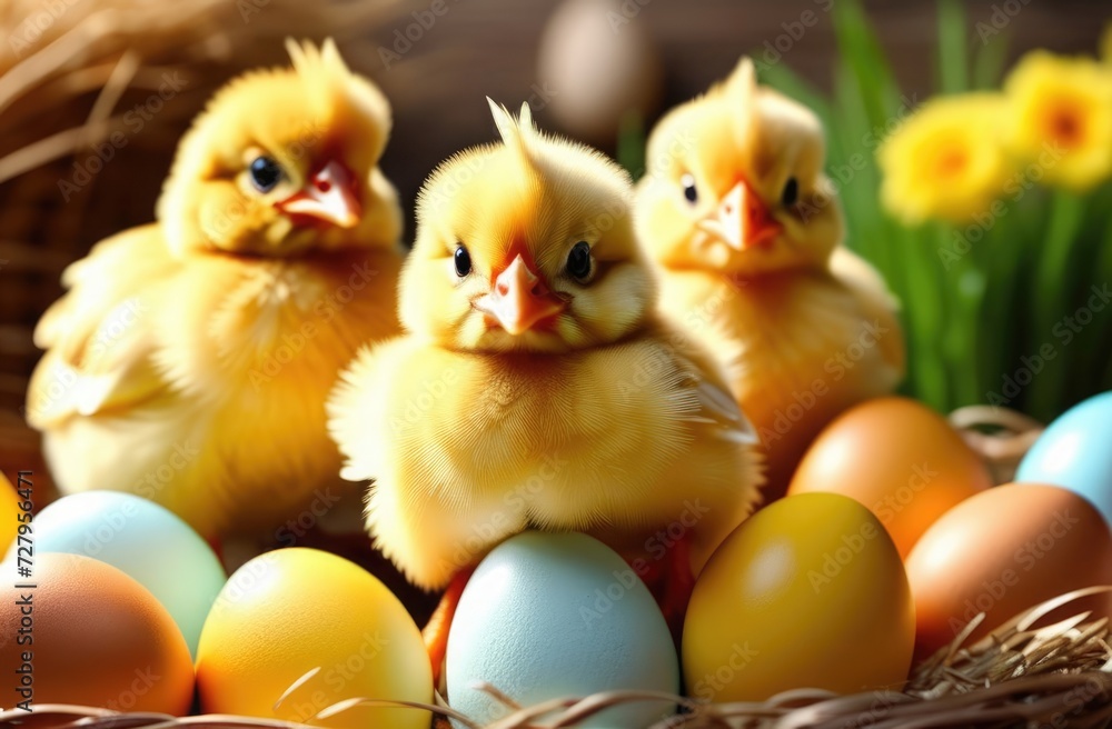 Little chickens are sitting in a nest with colorful eggs. Easter card