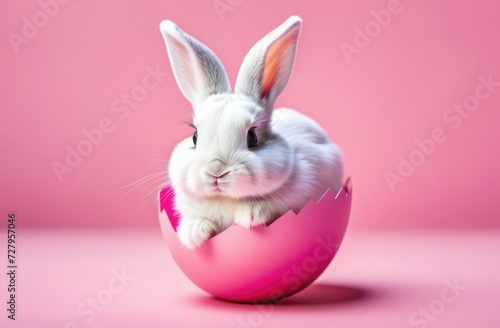 Cute white rabbit in a pink shell on a pink background
