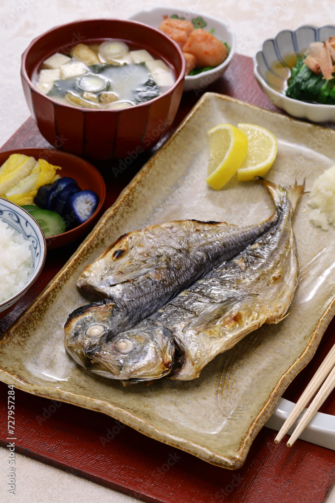 grilled fish (semi-dried horse mackerel) set meal, traditional Japanese breakfast grilled fish (semi-dried horse mackerel) set meal, traditional Japanese breakfast