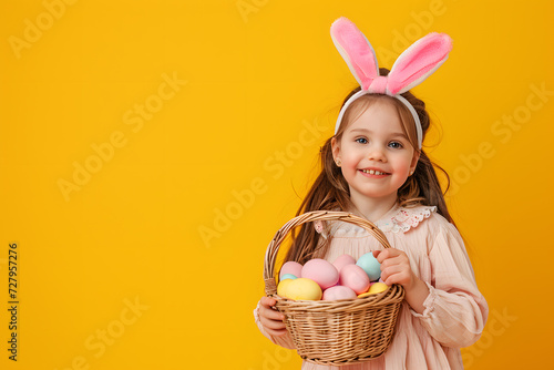 A cheerful girl with rabbit ears on her head with a basket of colored eggs in her hands on a yelow background