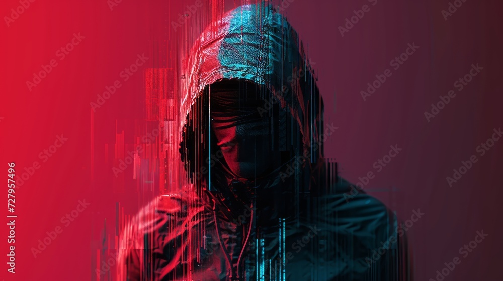 Mysterious hooded figure in a digital art style portrait with neon lights - obrazy, fototapety, plakaty 