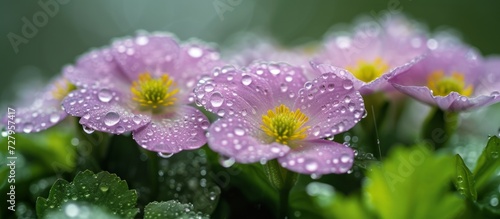 Dewy Primul vulgaris blooms beautifully after the refreshing rain