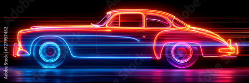Neon outlined classic car with vibrant light trails isolated on black background. Created with generative AI.