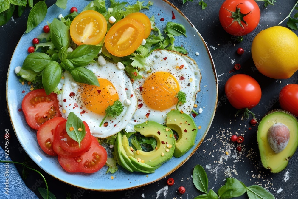 A colorful breakfast platter with fried eggs, fresh vegetables, and avocado slices A colorful breakfast platter with fried eggs, fresh vegetables, and avocado slices