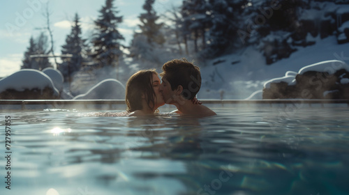 Couple kissing in an outdoor hot tub, snowy landscape
