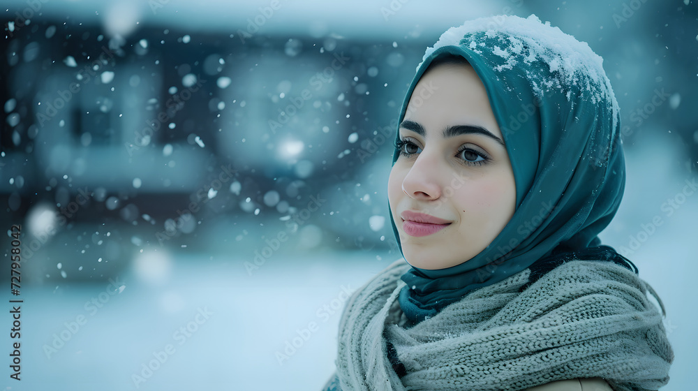 Close up portrait of beautiful muslim hijab stylish modern outfit women girl with copy space, winter vibes background Close up portrait of beautiful muslim hijab stylish modern outfit women girl with copy space, winter vibes background