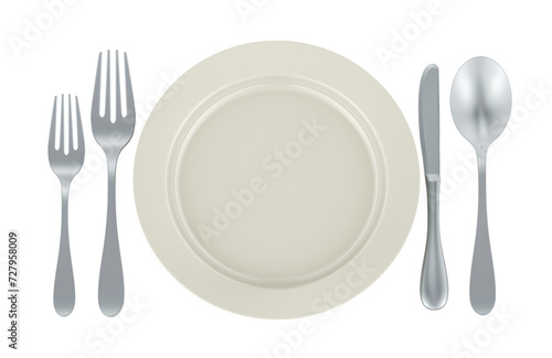 Table setting. Plate with forks spoon and knife, 3D rendering  isolated on transparent background