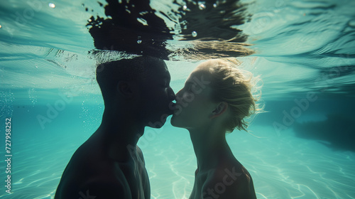 Interracial couple kissing underwater