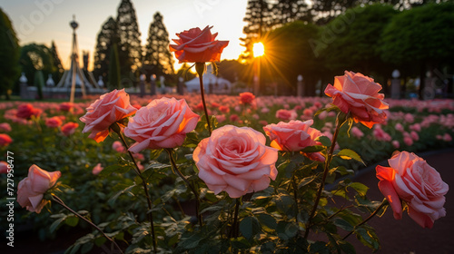 Field of Pink Roses With Setting Sun