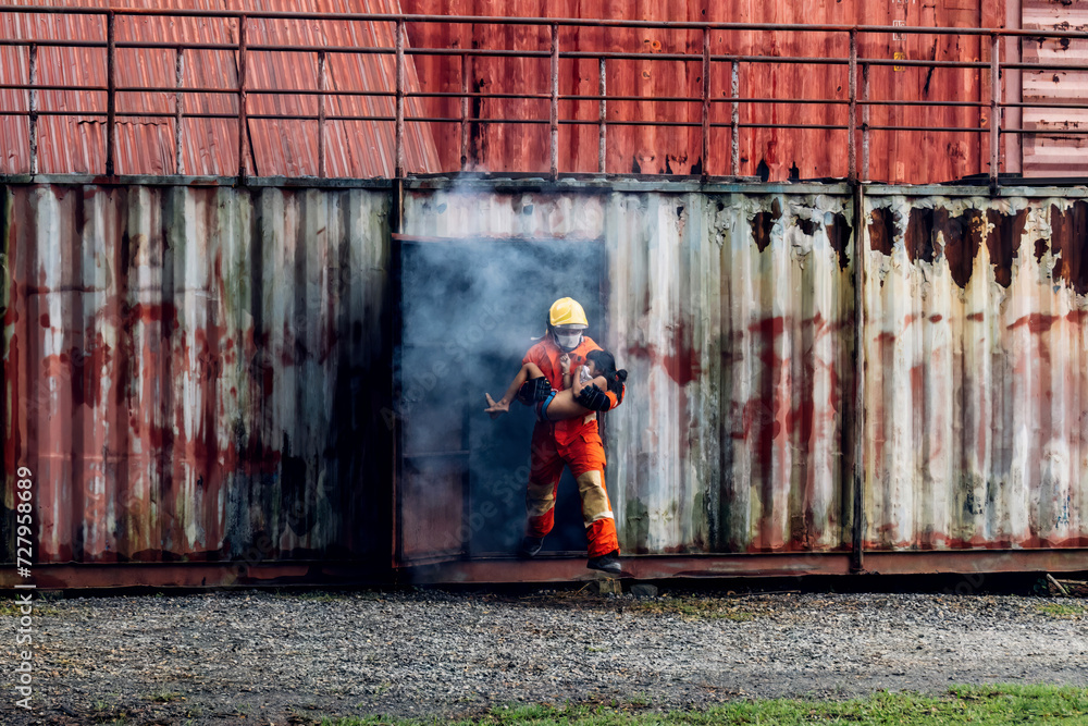 Firefighter to save girl in fire and smoke. Rescue Team or Firefighters ...