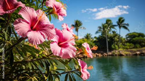 Pink Flowers Blooming Next to Body of Water