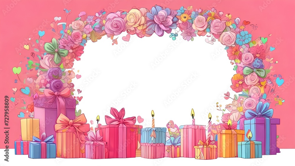  Festive arrangement on pink background with gifts candles and flowers, birthday, Valentine's Day