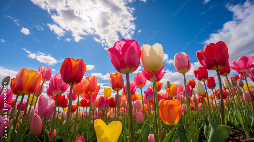 Field of Colorful Tulips Under a Blue Sky