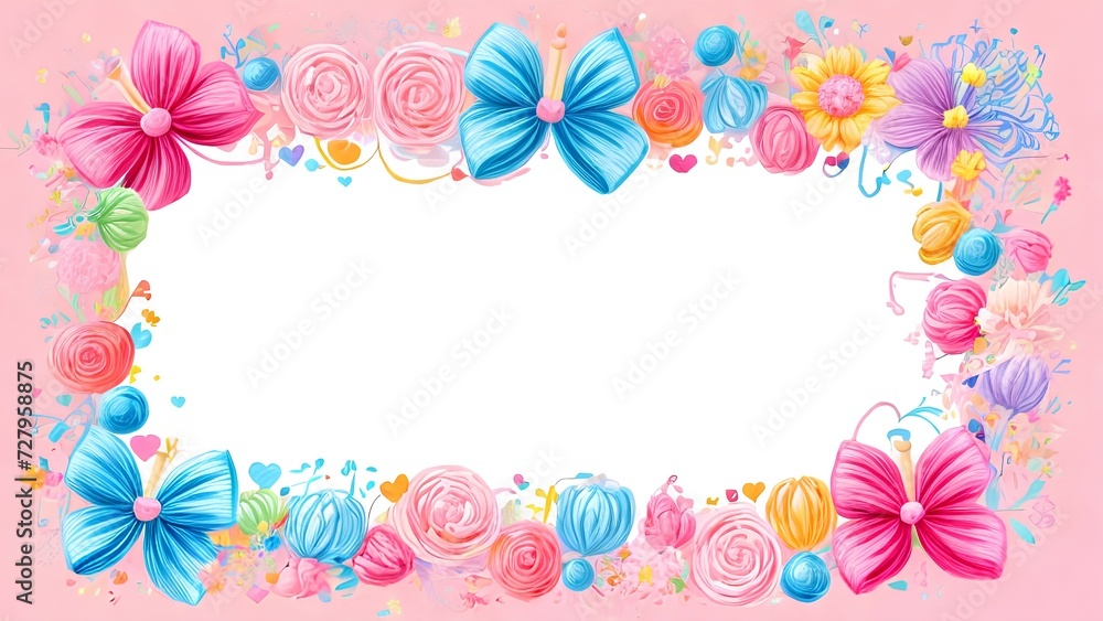 Festive composition on pink background with flowers, happy birthday, Valentine's Day, space for text in the center