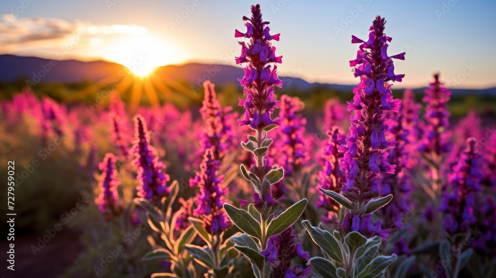 Obraz premium Field of Purple Flowers With Setting Sun