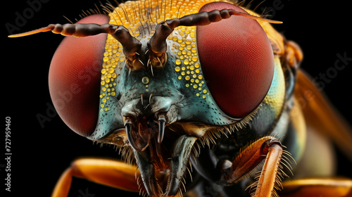 A detailed view of a fly insect taken at close range against a black background