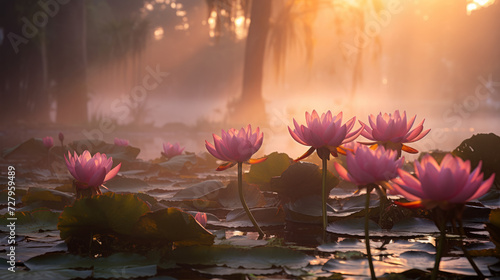 Group of Pink Water Lilies Floating on Top of a Pond