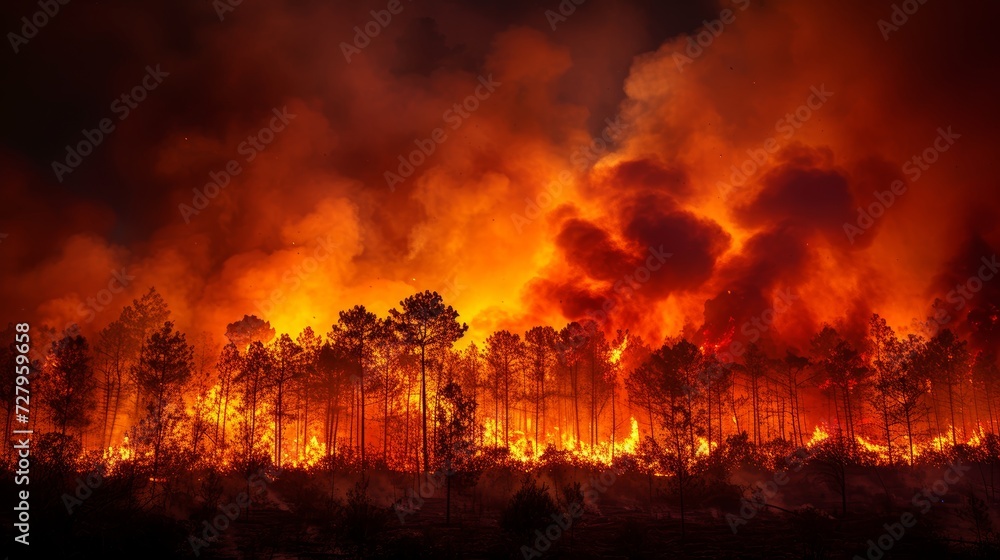 Wildfire Inferno: A raging wildfire engulfs forests, releasing clouds of smoke and ash into the sky.