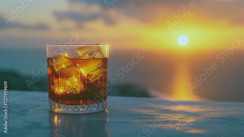 A refreshing cocktail at sunset, with the light casting a warm glow on the glass. © AI ARTS