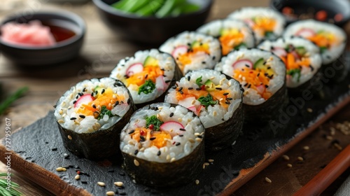 Kimbap: Rice rolls with various fillings, including vegetables, meat, and pickled radish, a Korean snack.