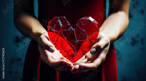 Womans hands are holding a red broken glass heart. A shattered heart symbolizing heartbreak, broken relationship and emotional pain. Concept of lost love or betrayal.
