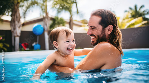 Father and young son playing in swimming pool