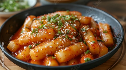 Tteokbokki: Chewy rice cakes in spicy gochujang sauce, a popular Korean street food.