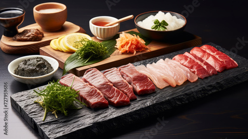 Assorted Sashimi Set on Black Slate with Garnishes