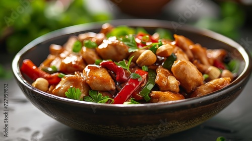 Kung Pao Chicken: Spicy stir-fried chicken with peanuts, bell peppers, and a savory sauce