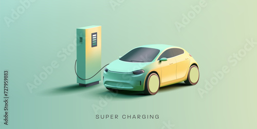 Futuristic composition of Electric Vehicle at charging station 3d render illustration. Modern SUV car illustration and power station to recharge