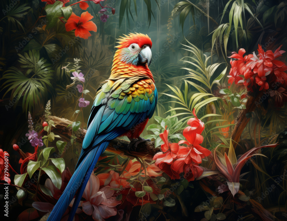 Obraz premium Vibrant macaw perching amidst tropical flowers in lush jungle