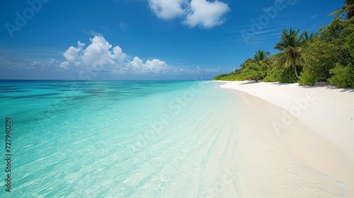 Pristine turquoise lagoon framed by white sandy beaches.