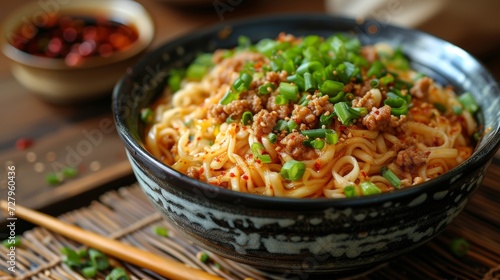 Szechuan Noodles: A bowl of spicy dan dan noodles with ground pork, chili oil, and Szechuan peppercorns