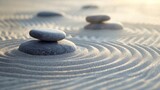 A peaceful Zen garden with smooth stones and raked sand on a soft grey background.