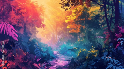 A digital painting of a lush forest with a vivid, multicolored background.