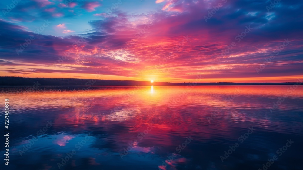 A vibrant sunset over a calm lake, reflecting vivid colors on the water's surface.