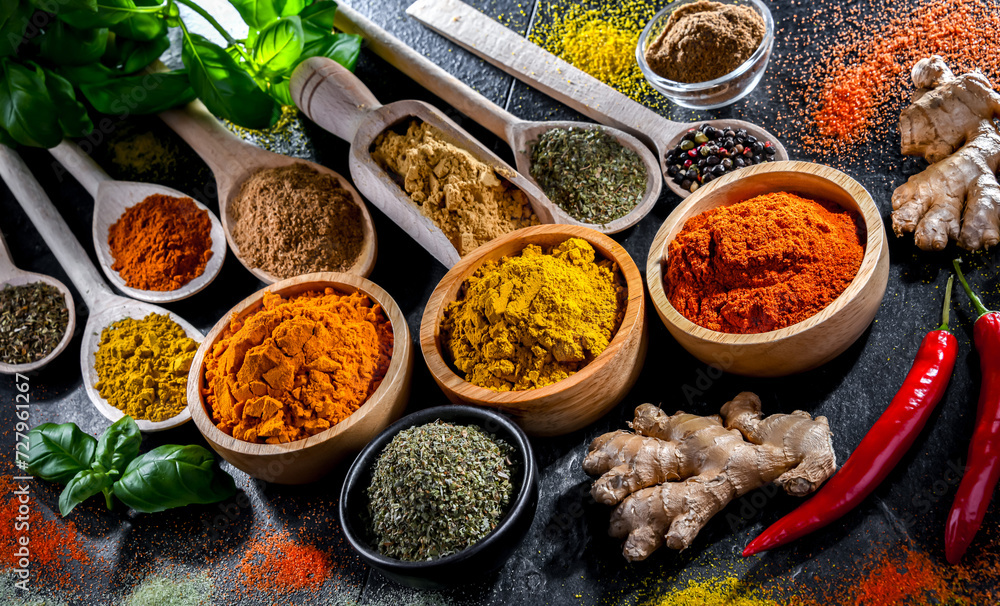 Fototapeta premium Composition with assortment of spices and herbs