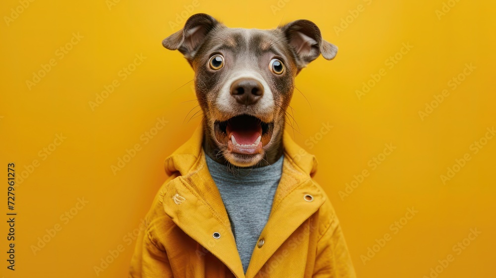 Funny cute puppy surprised in yellow jacket wonder, shocked, creative minimal concept on yellow background. Wow! Hipster puppy dog amazed screaming in fashionable outfit for sale, shopping, advert